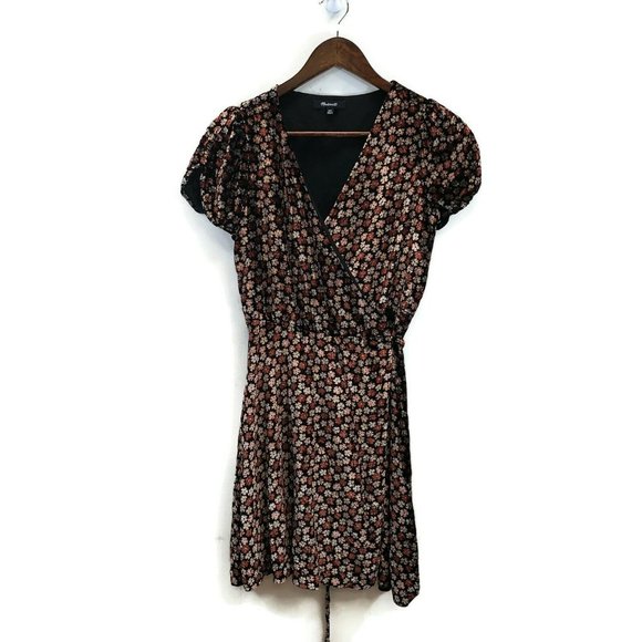 Madewell Womens Brown Floral Velvet Wrap Dress Size XXS Short Sleeve Knee Length
